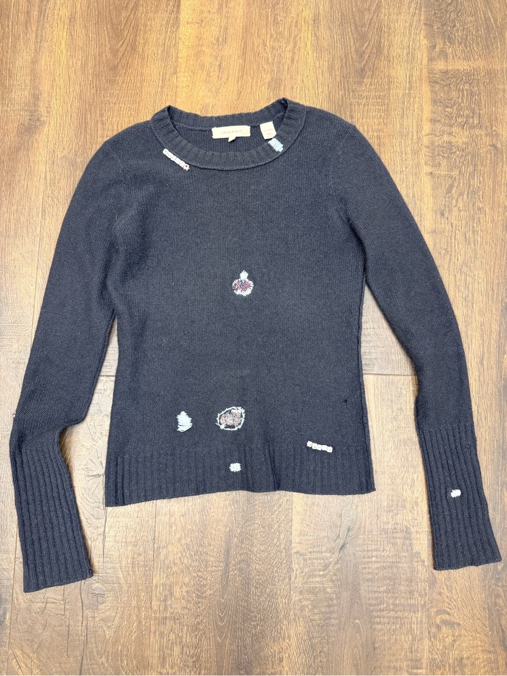 Inhabit Black Crewneck Sweater with Subtle Multicolor Embroidery